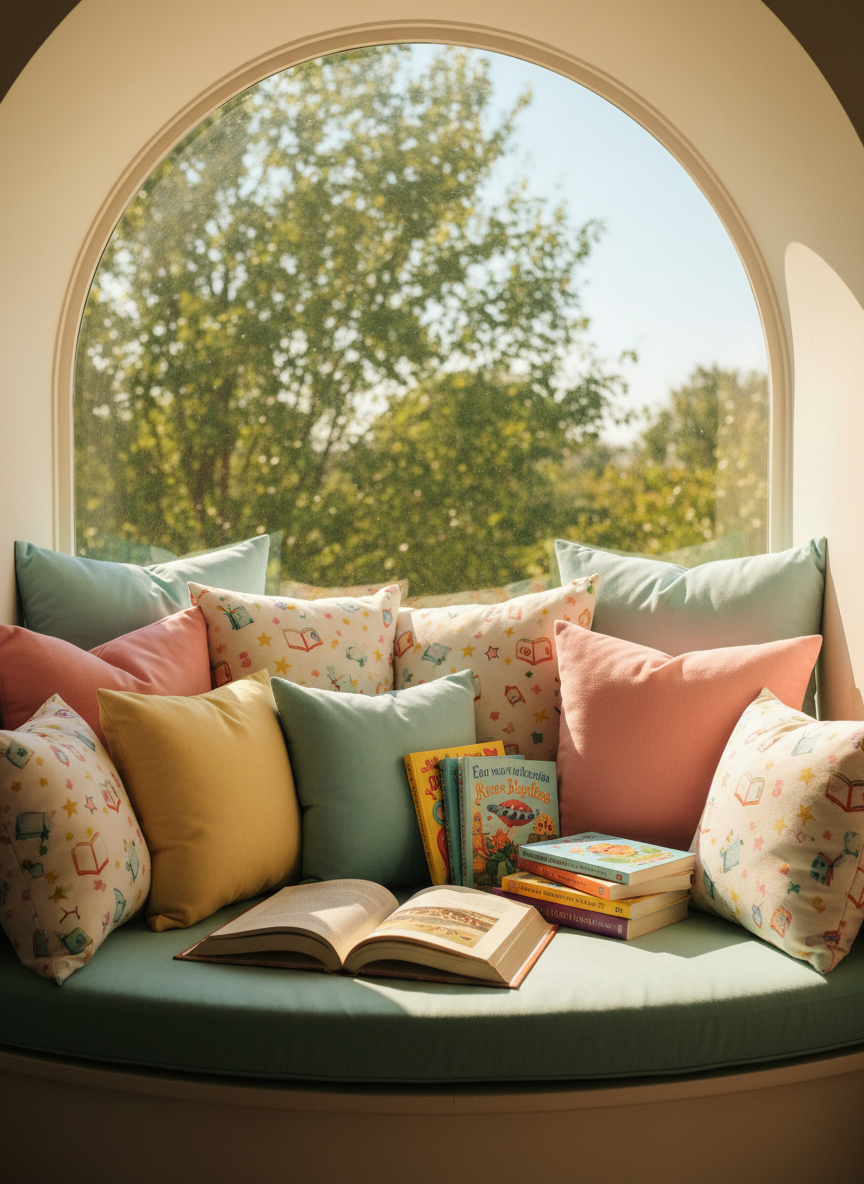 An inviting reading nook built into a rounded window seat, overflowing with plump, pastel cushions patterned with tiny books and stars. A single open hardcover book with creamy pages lies in the center, its spine gently curved, surrounded by a small stack of colorful paperbacks with playful, illustrated covers. Outside the arched window, blurred greenery and sky create a soft, dreamy backdrop. Late afternoon sunlight streams in, forming warm pools of light on the cushions and book edges. Photographic realism with a vibrant, cozy palette, shot from a slightly elevated angle to emphasize the snug, cocoon-like space. The atmosphere feels whimsical, bright, and safe, ideal for young readers hiding away in story worlds.