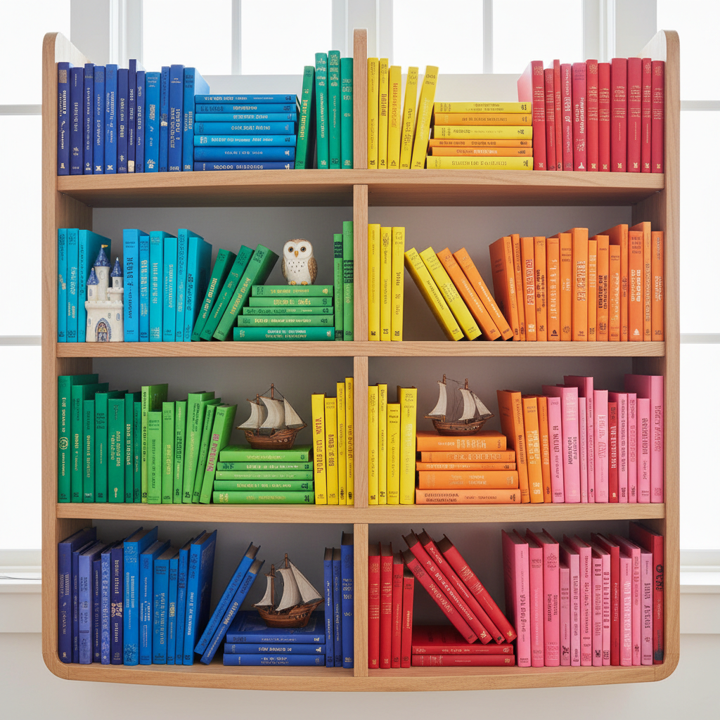 A cheerful, slightly cluttered bookshelf with rounded edges, each shelf arranged in bright rainbow order from deep indigo to electric lime and bubblegum pink. Some books stand upright, others lean in small, playful arcs, and a few lie flat with whimsical, embossed titles on their spines. Between the rows, miniature ceramic figurines of castles, owls, and tiny ships peek out. Soft, diffused overcast light from a nearby window evenly bathes the scene, making the colors pop without harsh shadows. Photographic realism with crisp detail, shot straight-on at eye level for a bold, graphic effect. The mood is fun and energetic, like a treasure wall of stories just waiting for curious young readers to explore.