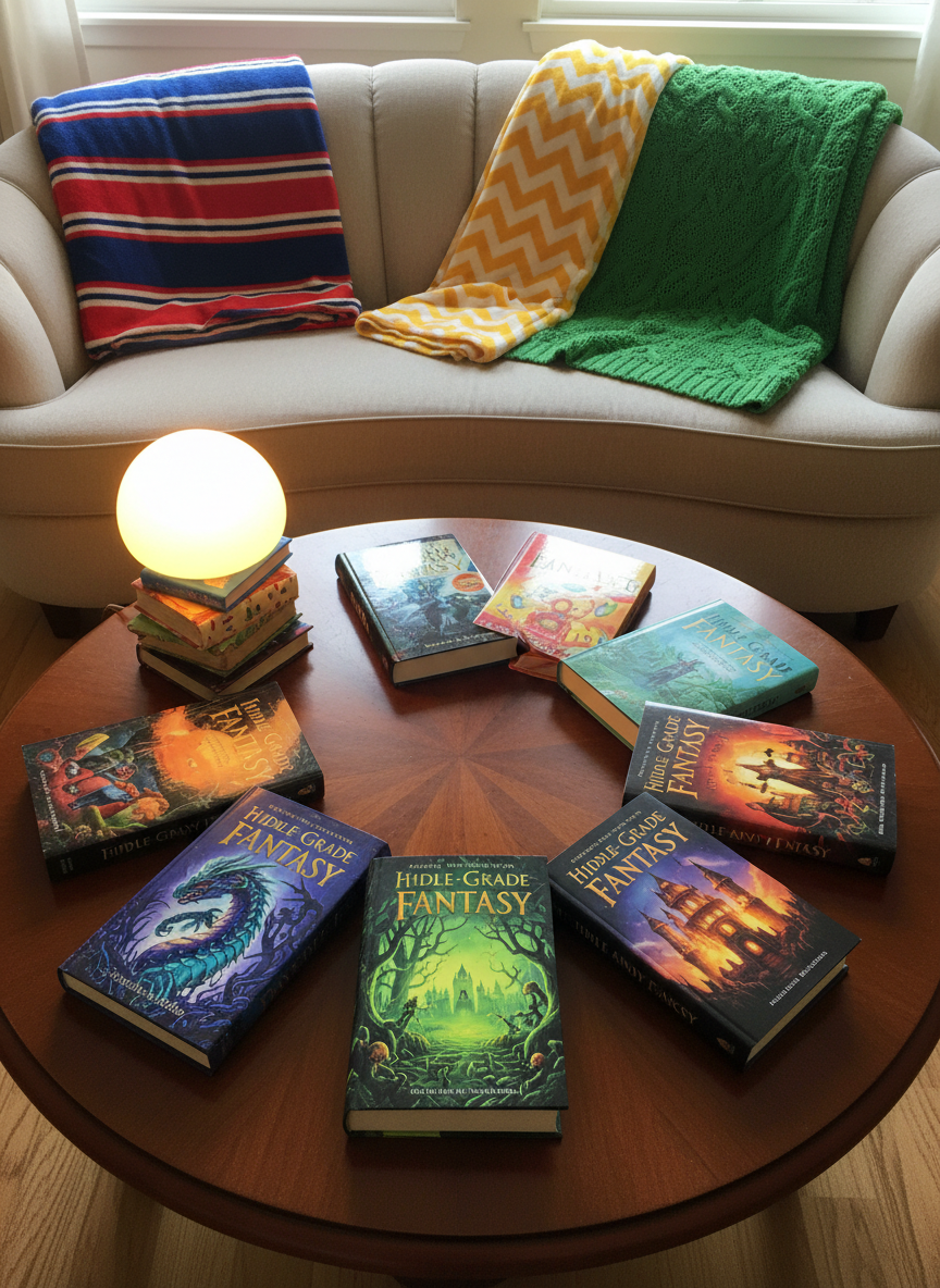 A low, circular coffee table scattered with a fan of illustrated middle-grade novels, their glossy covers bursting with dragons, forests, and glowing castles in neon-bright colors. A whimsical, round ceramic lamp shaped like a stack of books glows warmly at the table’s edge, its light forming soft halos on the covers. Behind, a curving sofa with rounded arms is piled with cheerful blankets in primary colors. Shot from above in a photographic, bird’s-eye composition, the books radiate outward like a playful sunburst. The lighting is a mix of warm lamp glow and gentle, diffused daylight from a nearby window, creating an energetic, inviting atmosphere that celebrates the excitement of choosing the next adventure to read.