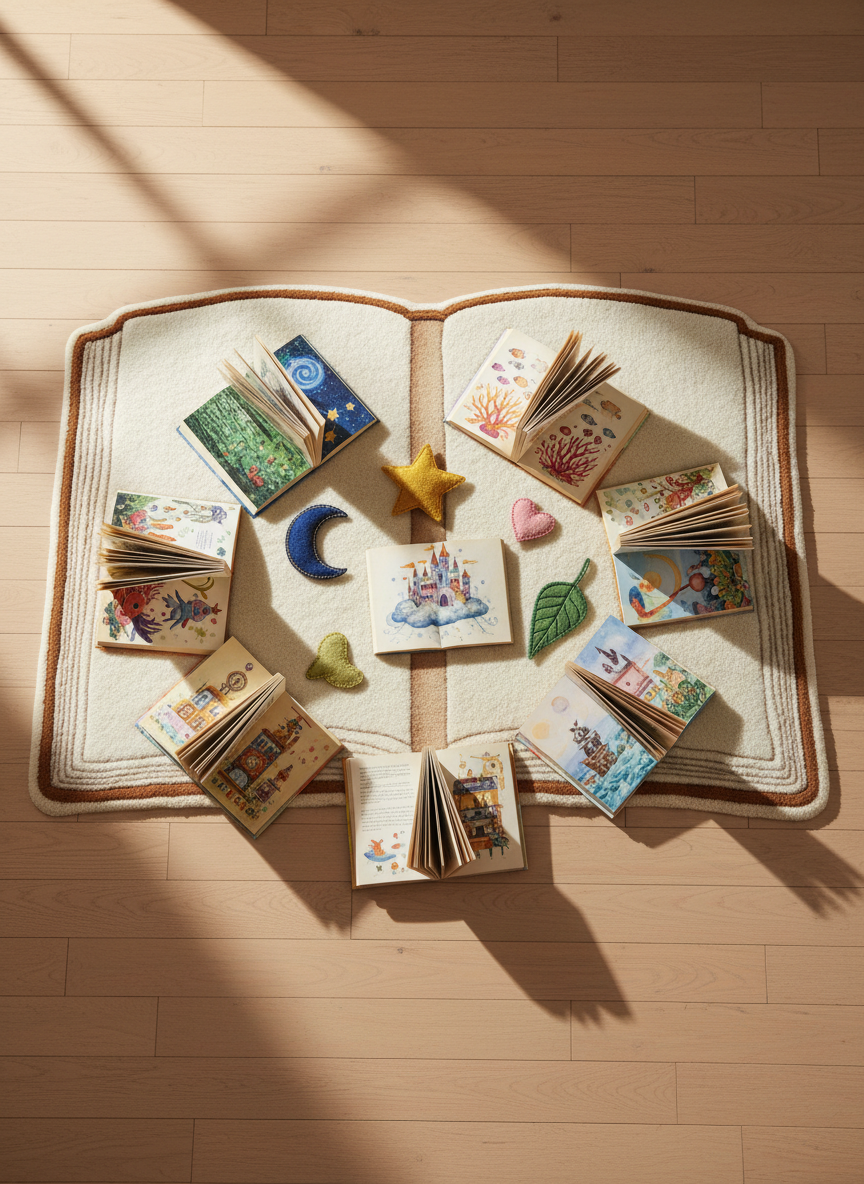 A whimsical overhead view of a soft, rounded rug shaped like an open book, spread across a wooden floor with a pale honey finish. On the rug, several paperbacks lie open in a loose spiral, their pages gently curling, each illustrated with tiny, colorful scenes of forests, galaxies, and underwater worlds. Between the books, a few scattered bookmarks shaped like stars and moons add playful pops of color. Gentle morning daylight from an unseen window creates soft, curved shadows that echo the rug’s rounded outline. Photographic realism with bright, saturated tones and a shallow depth of field that keeps the central books sharp while the rug’s edges blur slightly, giving the scene a dreamy, imaginative atmosphere.